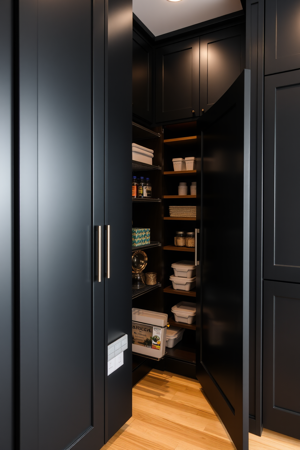 A functional black pantry featuring pull-out shelves for easy access to items. The sleek black cabinetry creates a modern and organized space, complemented by warm wooden accents and stylish lighting.