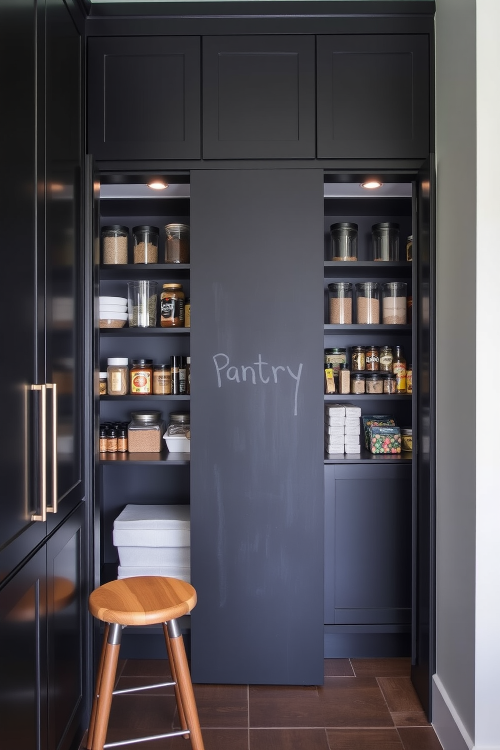 A sleek black pantry features a chalkboard door that adds a playful touch to the modern aesthetic. Inside, custom shelving is organized with clear containers, showcasing an array of spices and dry goods. The pantry is illuminated by recessed lighting that highlights the rich black cabinetry. A small wooden stool is positioned in the corner, providing a cozy spot for meal prep or quick snacks.