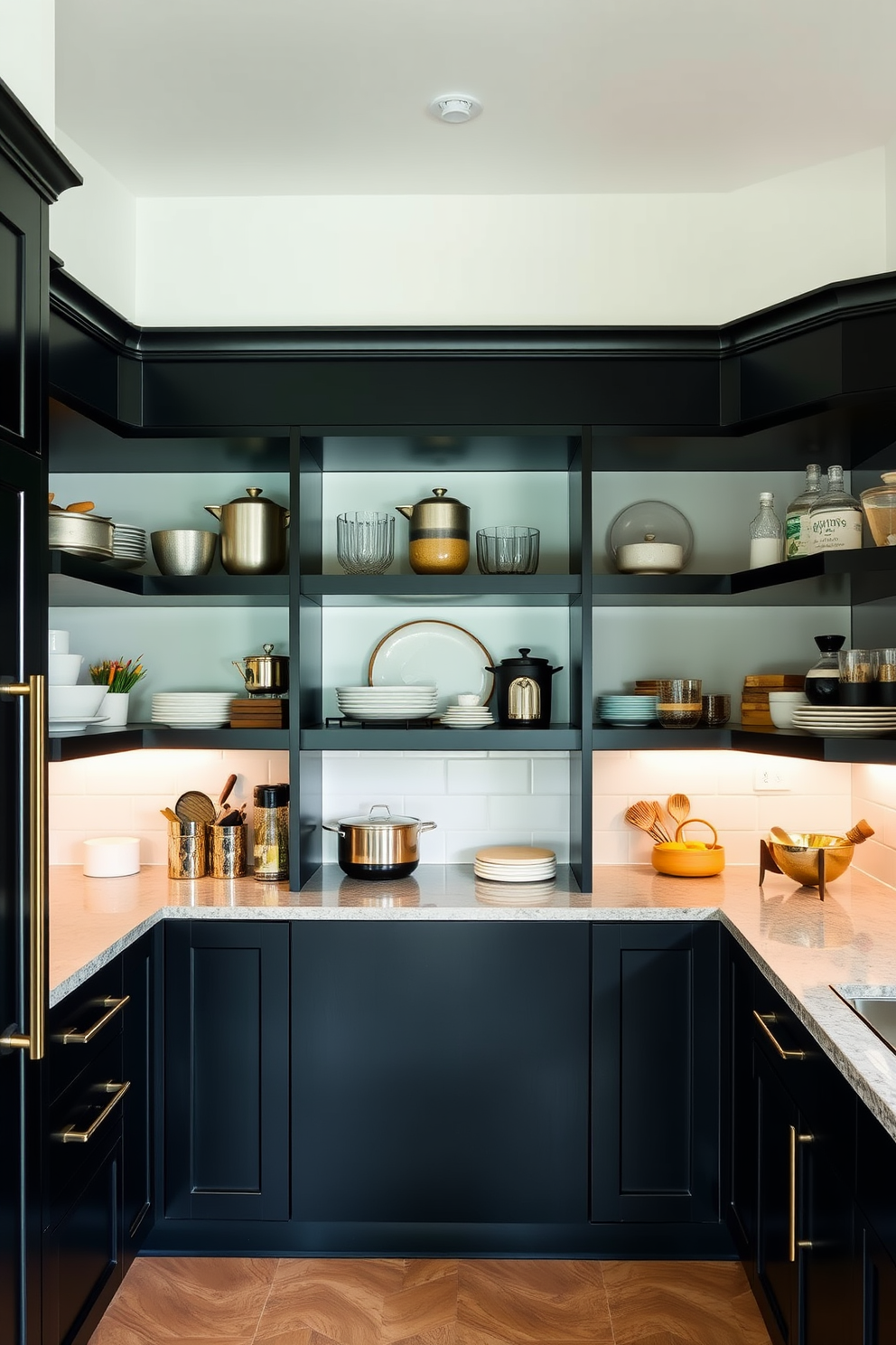 A bold black pantry with open shelving creates a striking focal point in the kitchen. The sleek black cabinetry contrasts beautifully with the light-colored walls and enhances the overall modern aesthetic. Open shelves display an array of stylish kitchenware and decorative items, adding personality to the space. Soft lighting highlights the pantry's features, creating an inviting atmosphere for cooking and entertaining.