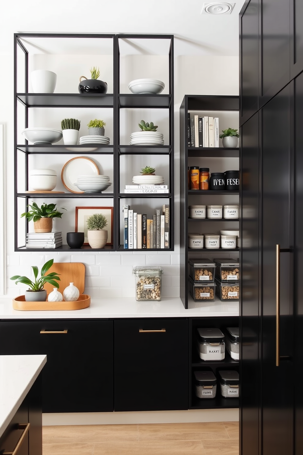 Open shelving with black frames creates a modern and stylish focal point in the kitchen. The shelves are filled with a mix of decorative dishes, plants, and cookbooks, adding both functionality and aesthetic appeal. For the black pantry design, sleek black cabinetry complements the open shelving, providing ample storage while maintaining a cohesive look. The pantry features organized containers and labels, ensuring that everything is easily accessible and visually pleasing.