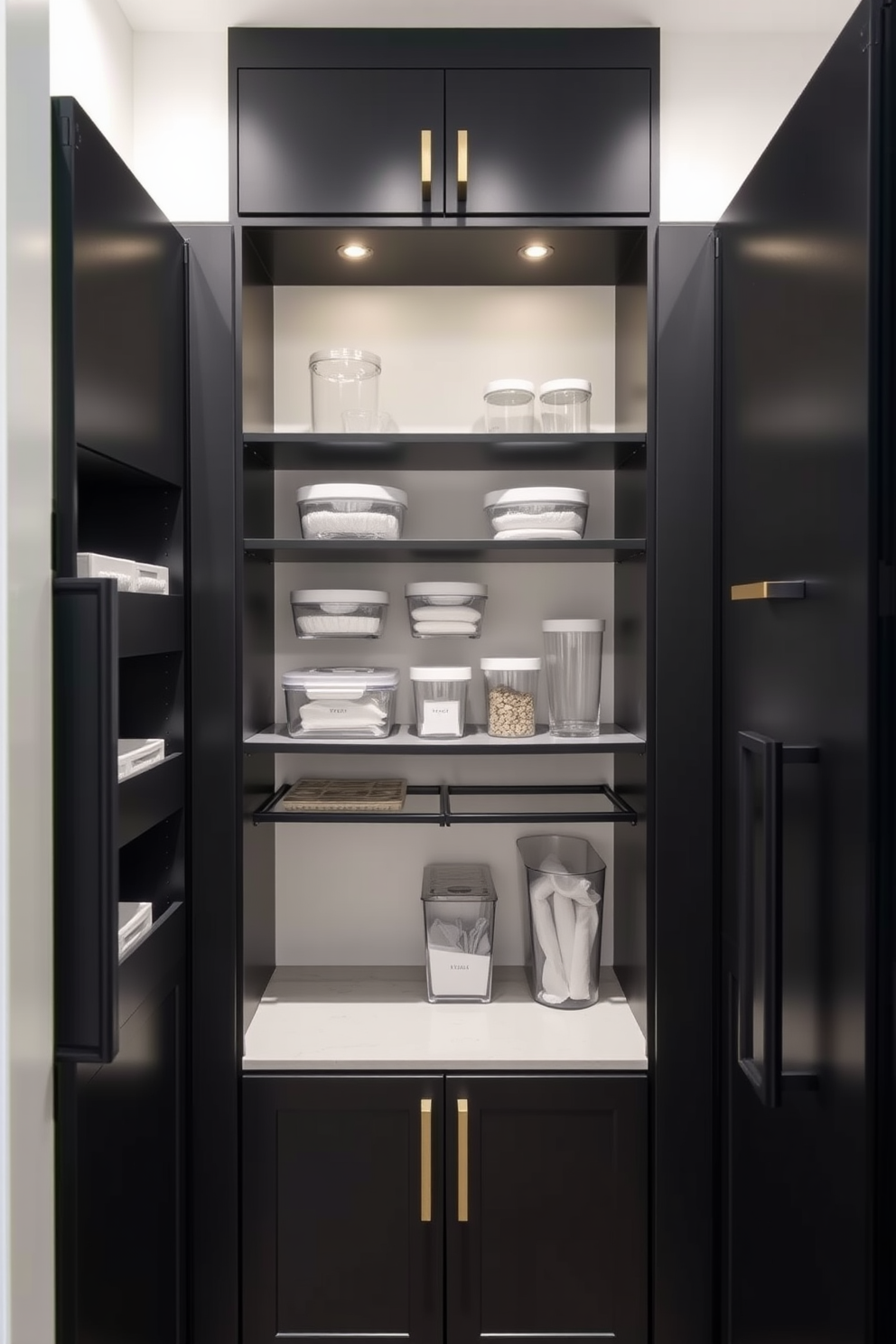 A modern black pantry features sleek handles and minimalist shelving for a clean look. The interior is organized with clear containers and elegant lighting that highlights the dark cabinetry.