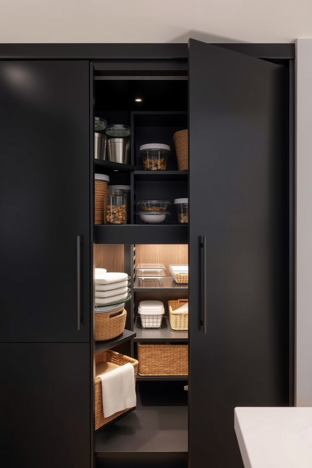 A stylish pantry design featuring a sleek black cabinetry complemented by warm wooden accents. The shelves are organized with clear storage containers and decorative baskets, creating a functional yet aesthetically pleasing space. The pantry door is a bold black with a matte finish, enhancing the modern look. Soft lighting illuminates the interior, highlighting the rich textures of the wood against the deep black tones.