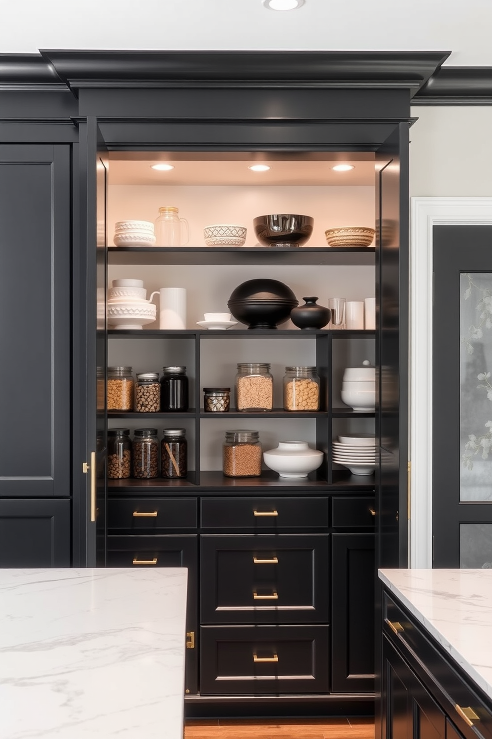 A sophisticated black pantry featuring elegant crown molding at the top. The cabinetry is sleek and modern, with matte black finishes and brass hardware that adds a touch of luxury. Inside, open shelving displays artisanal jars and decorative dishware, creating a visually appealing arrangement. A stylish marble countertop runs along one side, providing ample space for meal prep and organization.