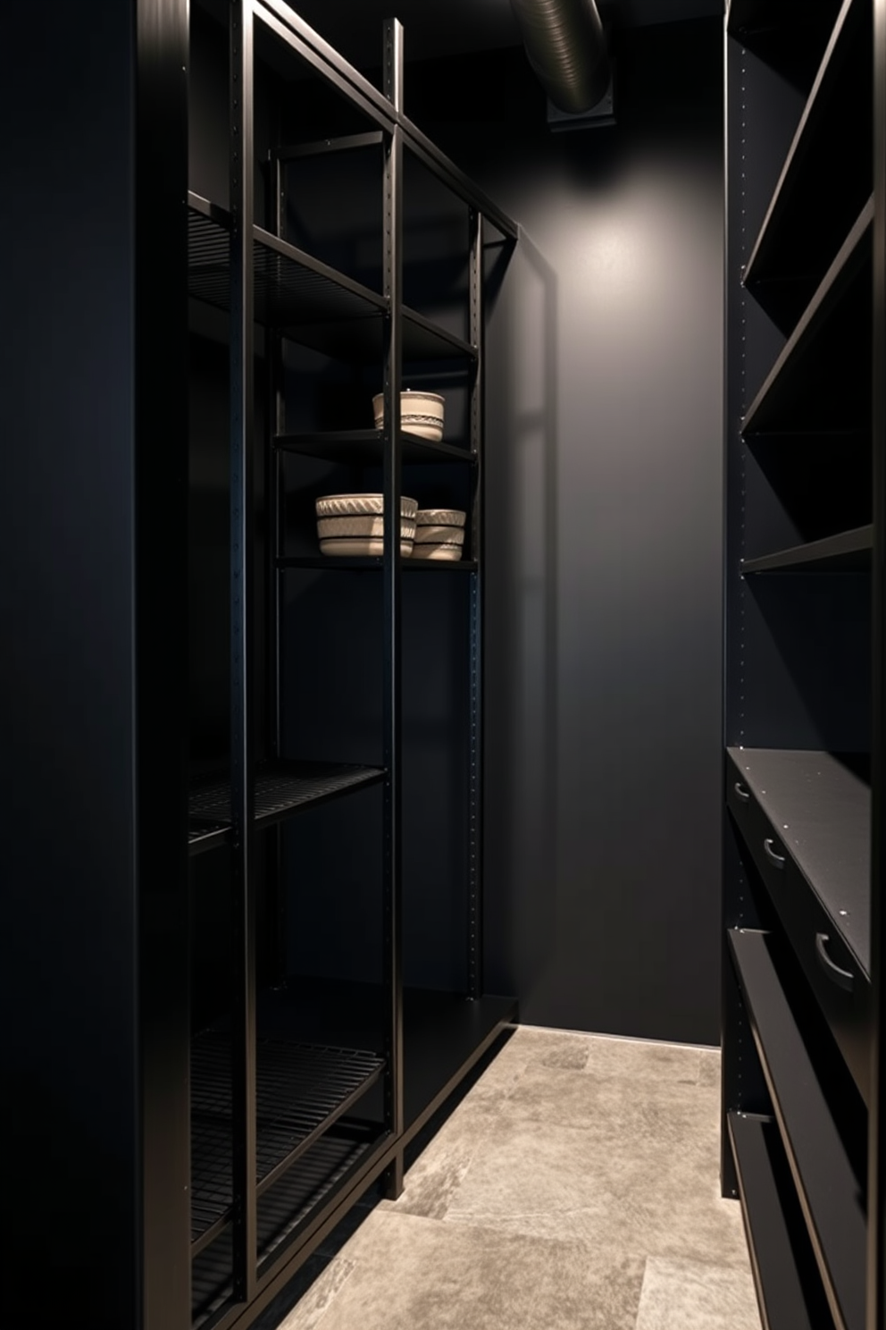 An industrial style black pantry featuring sleek metal frames and open shelving. The walls are painted in a deep charcoal color, and the floor is made of polished concrete for a modern touch.