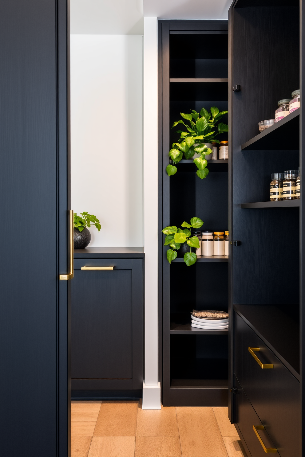 A sleek black pantry featuring matte black cabinetry with gold hardware. Lush green plants are strategically placed on the shelves, adding a vibrant contrast to the dark cabinetry. The pantry includes open shelving for easy access to spices and jars, complemented by a minimalist black countertop. Soft, ambient lighting illuminates the space, highlighting the rich textures of the black wood and the fresh greenery.