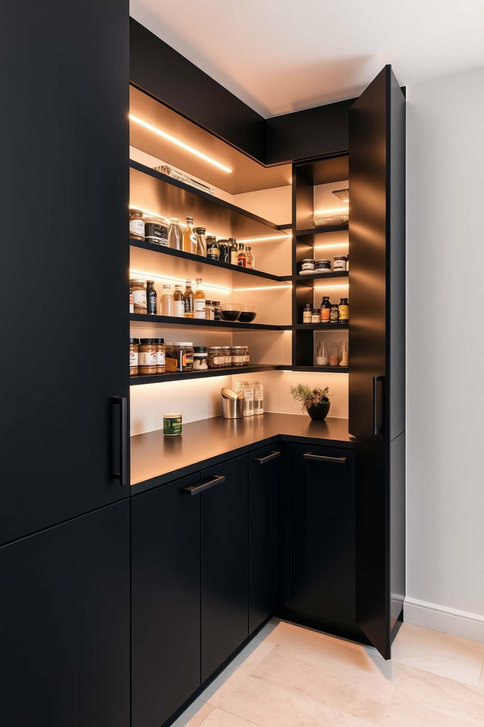 A compact corner pantry solution features sleek black cabinetry with minimalist handles. The design maximizes storage with open shelves for easy access to spices and dry goods. The pantry is illuminated by warm LED strip lighting, creating an inviting atmosphere. A small countertop area is included for meal prep, enhancing functionality in a limited space.