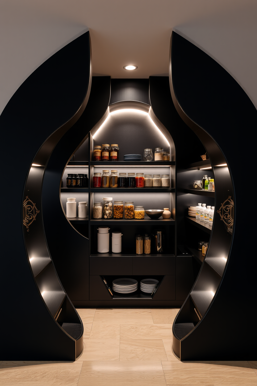 Artistic black pantry setting with unique shapes and modern design elements. The pantry features asymmetrical shelving that showcases a variety of jars and kitchenware, creating a visually striking focal point. The walls are adorned with textured black panels, adding depth and sophistication to the space. Soft ambient lighting highlights the pantry's contents, enhancing the overall aesthetic while ensuring functionality.