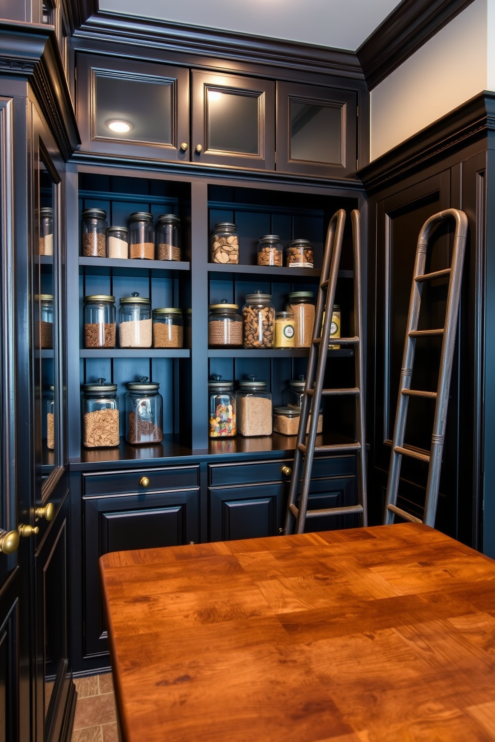 A classic black pantry with traditional styling features rich wooden cabinetry adorned with intricate moldings. The shelves are stocked with elegant glass jars filled with dry goods, and a vintage-style ladder leans against the wall for easy access to the upper shelves. Soft, warm lighting illuminates the space, highlighting the dark wood tones and creating a cozy atmosphere. A rustic wooden countertop provides ample workspace, complemented by antique brass hardware that adds a touch of sophistication.