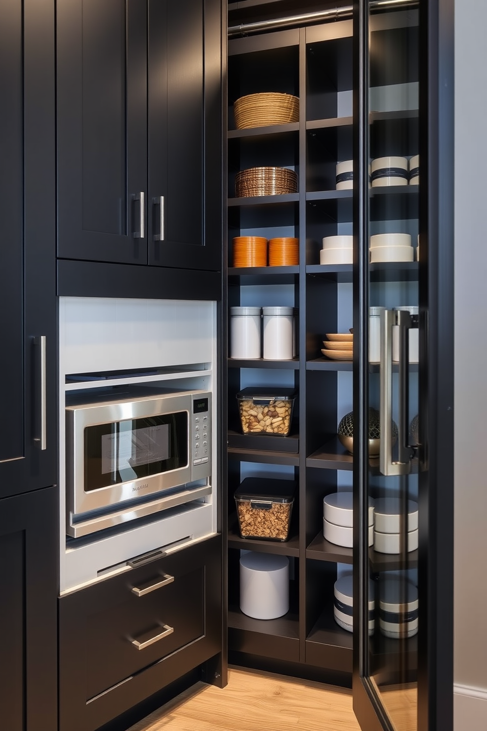 A sleek black pantry features a hidden appliance garage seamlessly integrated into the cabinetry. The pantry is designed with open shelving for easy access to ingredients and stylish storage containers.