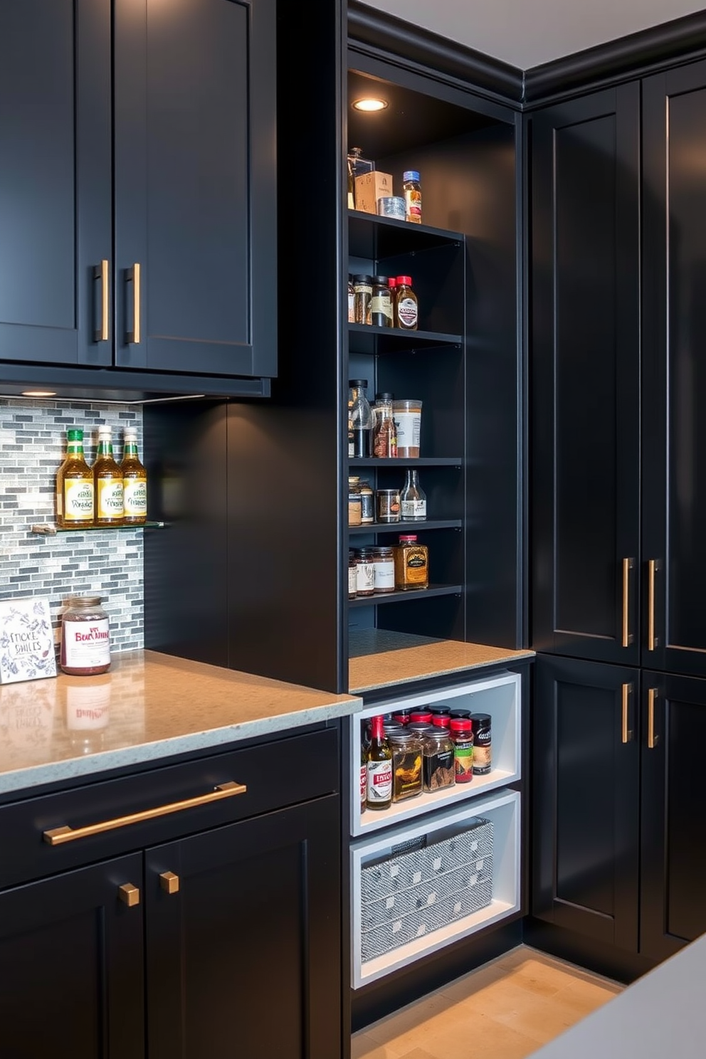 An elegant black pantry features sleek cabinetry with a matte finish complemented by decorative tiles that add a touch of sophistication. The shelves are neatly organized, showcasing an array of spices and gourmet ingredients, while stylish lighting illuminates the space, creating a warm and inviting atmosphere.