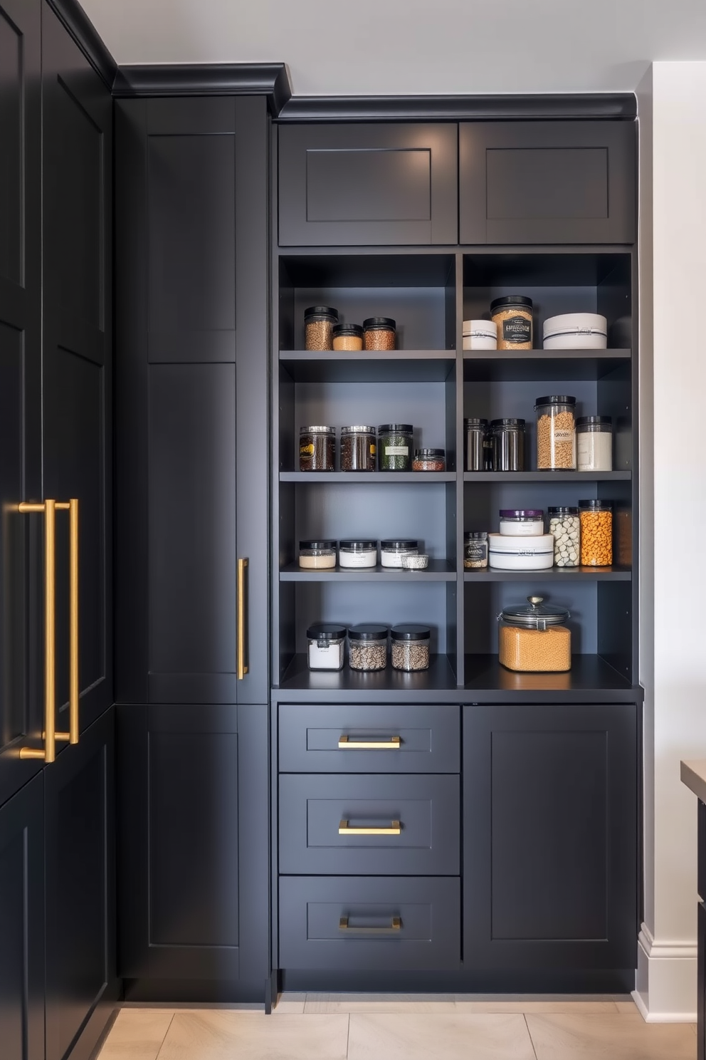 A sleek black pantry with minimalist design elements. The cabinetry features matte black finishes complemented by gold hardware, creating a striking contrast. Open shelving displays neatly organized jars and containers, enhancing both functionality and aesthetics. A subtle gold accent light illuminates the space, adding warmth to the modern look.