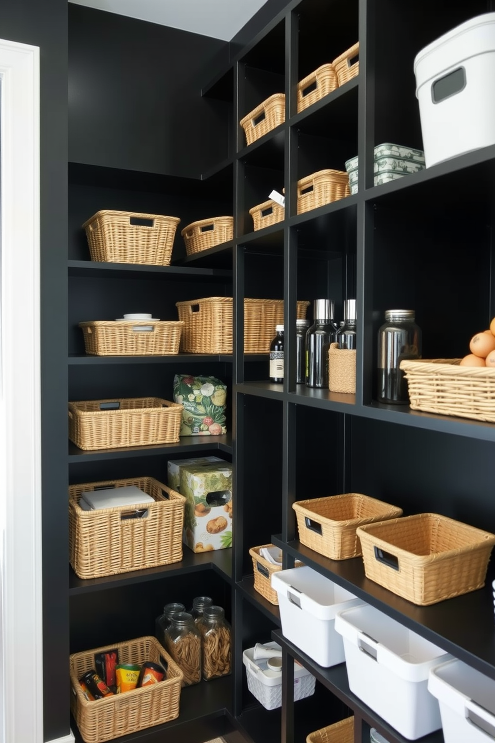 A functional black pantry features sleek shelving filled with organized baskets and bins for easy storage. The walls are painted in a deep matte black, creating a modern and sophisticated backdrop for the carefully arranged items.