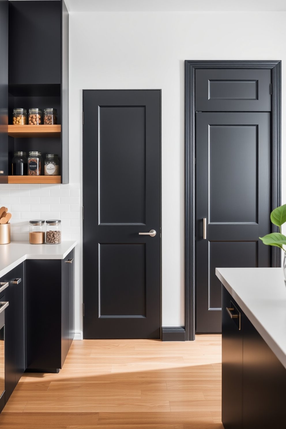 Textured black doors create a striking focal point in a modern kitchen. They complement sleek cabinetry and add depth to the overall design. Incorporating a black pantry enhances functionality while maintaining a sophisticated aesthetic. Open shelving with organized jars and containers showcases a stylish yet practical storage solution.