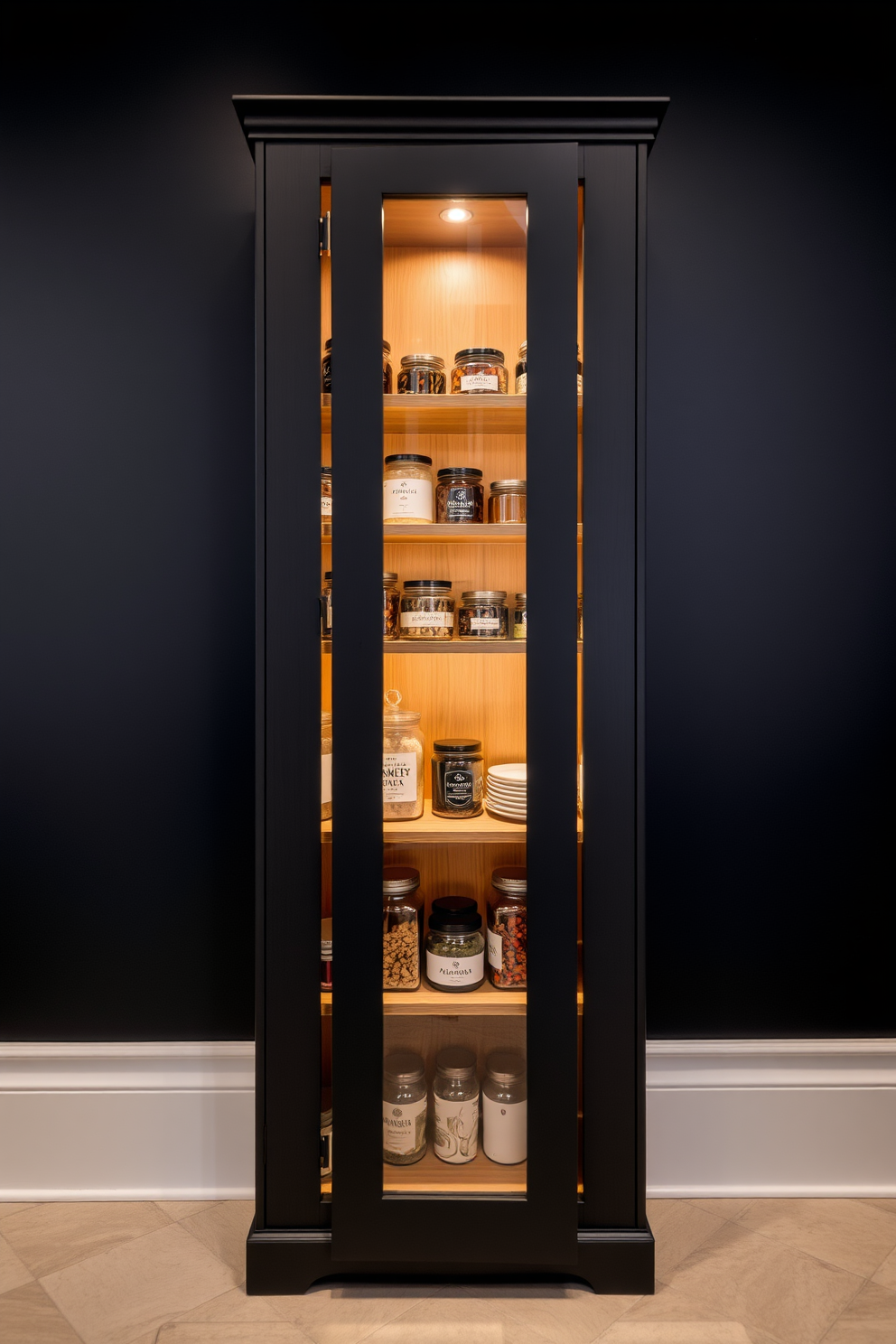 An elegant glass door pantry cabinet stands prominently against the deep black walls, showcasing neatly arranged jars and gourmet ingredients. The interior features warm lighting that highlights the rich textures of the wooden shelves and the sleek glass, creating a sophisticated and inviting atmosphere.