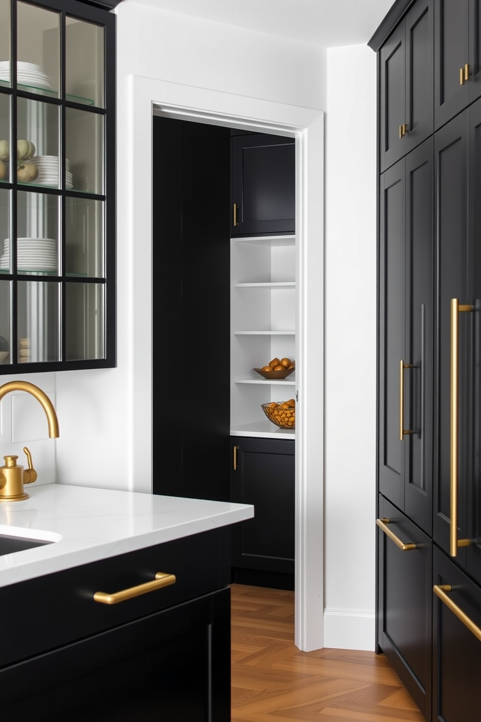 A modern kitchen featuring contrasting white walls that highlight a sleek black pantry. The pantry has matte black cabinetry with minimalist handles and is accented by brass fixtures for a touch of elegance.