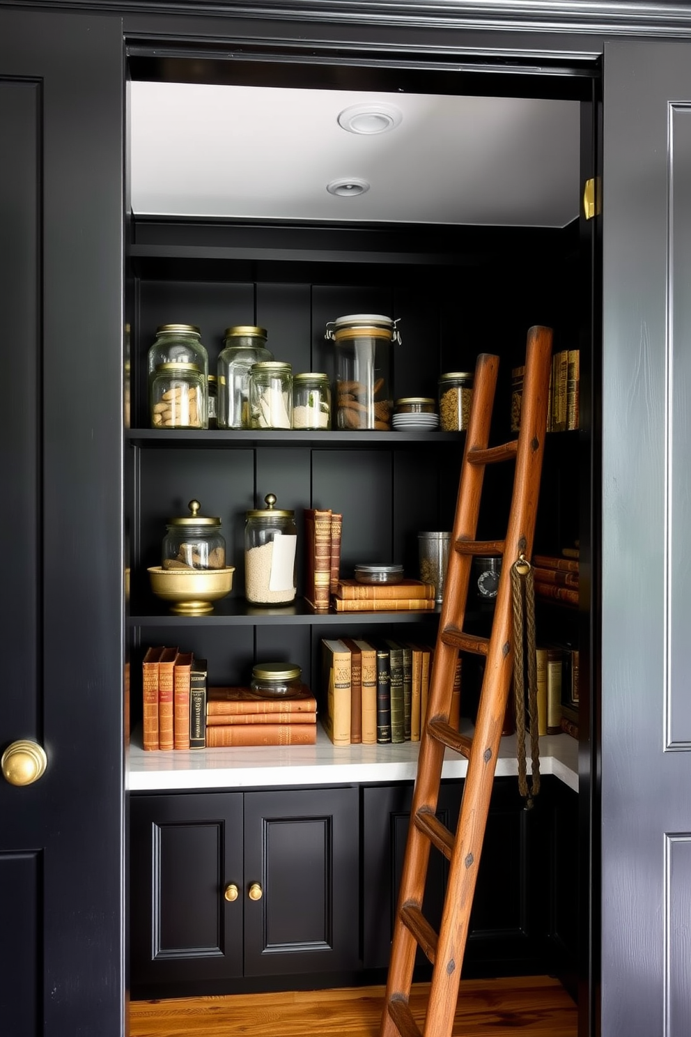 A sleek black pantry features vintage brass hardware that adds a touch of elegance. The interior is organized with open shelving displaying a curated collection of glass jars and antique cookbooks. The walls are painted in a deep matte black, creating a dramatic backdrop for the brass accents. A vintage wooden ladder leans against the shelves, providing access to higher storage while enhancing the rustic charm.