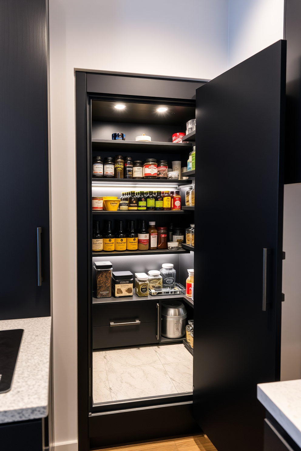 A compact black pantry in a small kitchen features sleek black cabinetry with minimalist handles, maximizing storage while maintaining a modern aesthetic. Inside, organized shelves display neatly arranged spices, jars, and kitchen essentials, creating an efficient and stylish space. The pantry door showcases a matte black finish that complements the kitchen decor, seamlessly blending with surrounding elements. Ambient lighting illuminates the interior, highlighting the pantry's contents and enhancing the overall design.