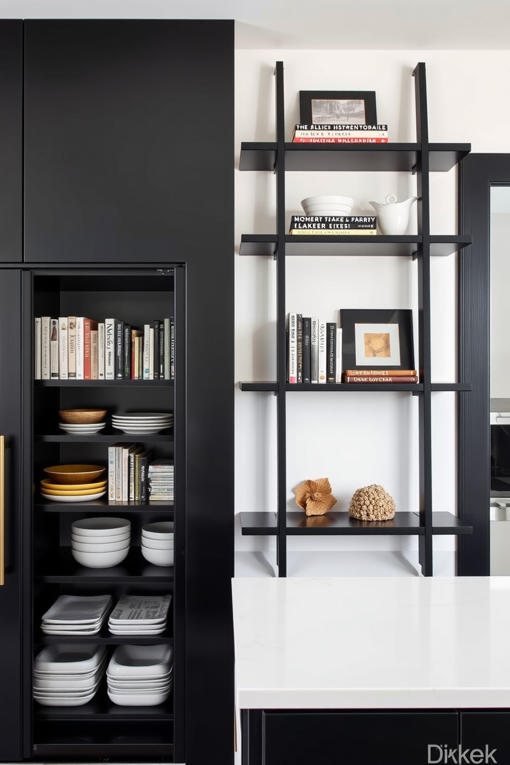 A modern kitchen featuring ladder-style black shelving that elegantly displays cookbooks and decorative items. The shelving is positioned against a white wall, creating a striking contrast and maximizing vertical storage space. Incorporated into the design is a sleek black pantry with minimalist cabinetry and organized shelving. The pantry doors are finished in matte black, complementing the overall aesthetic while providing functional storage solutions.