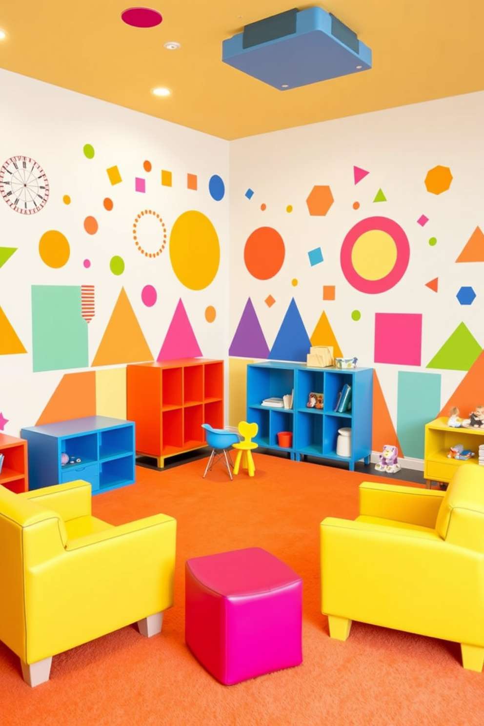 A vibrant playroom filled with modern geometric wall decals in bright colors. The walls are adorned with various shapes and patterns that stimulate creativity and playfulness. The floor features a soft, plush carpet in a bold color to create a cozy atmosphere. Brightly colored furniture pieces are arranged for both comfort and functionality, encouraging imaginative play.