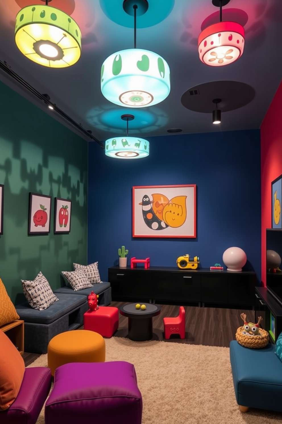 Artistic light fixtures with playful designs illuminate the space, casting whimsical shadows across the walls. The playroom features a vibrant color palette with soft seating areas and interactive play zones. Black playroom design ideas create a bold and sophisticated atmosphere, incorporating sleek furniture and textured accents. The walls are adorned with playful artwork, while the floor is covered with a soft, durable rug for comfort and safety.