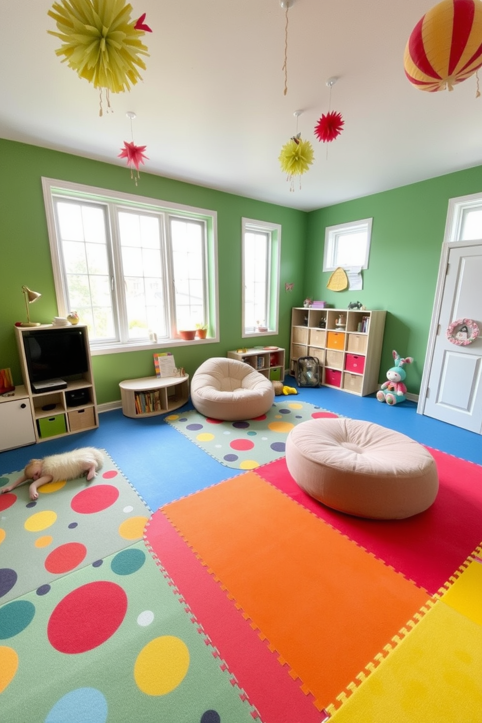 Creative play mats with bold patterns create an engaging and vibrant atmosphere for children. The playroom features walls painted in a bright primary color, with large windows allowing natural light to fill the space. Incorporate furniture with playful shapes and textures, such as a round bean bag chair and a soft, oversized rug. The ceiling can be adorned with whimsical hanging decorations to enhance the playful theme.