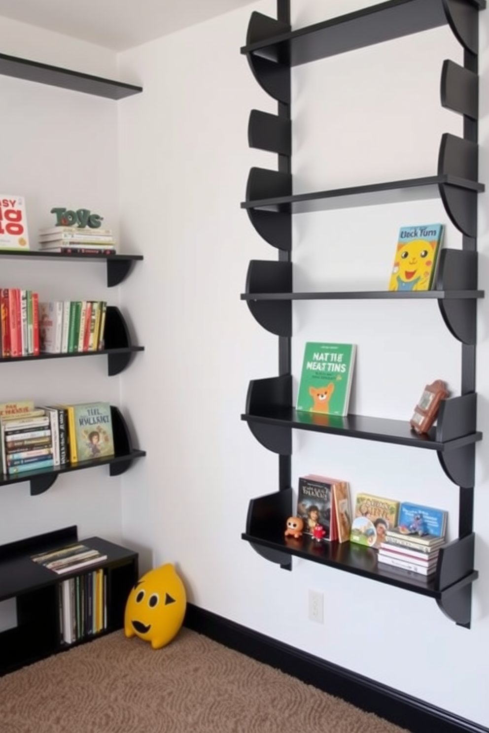 A playful black playroom design featuring wall-mounted bookshelves for easy access to books and toys. The walls are painted in a soft white to contrast with the bold black shelves, creating a vibrant and inviting atmosphere.