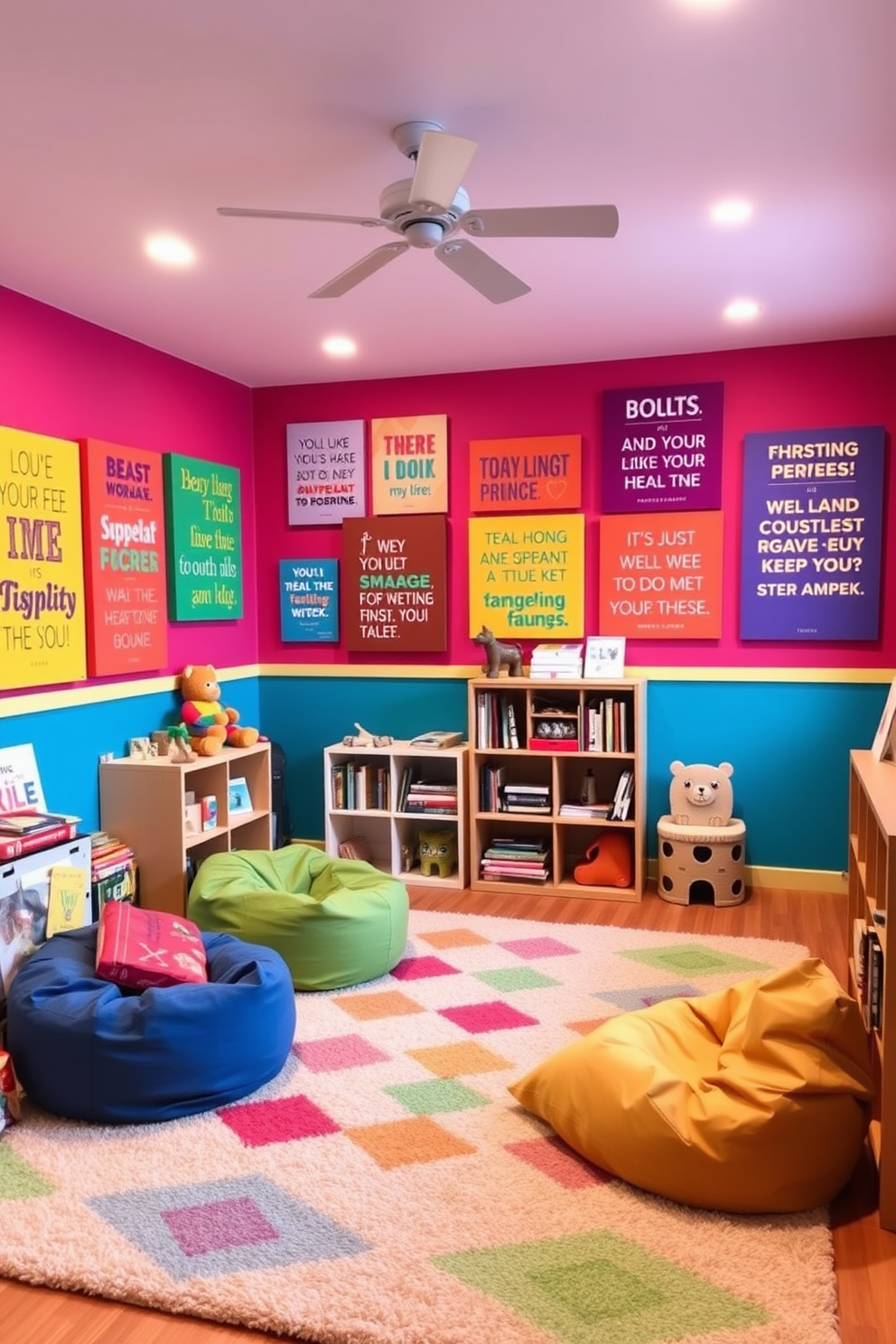 A vibrant playroom filled with colorful wall art featuring motivational quotes. The walls are painted in a bright primary color, and the floor is covered with a soft, plush rug in playful patterns. The room includes comfortable seating with bean bags and a cozy reading nook. Shelves are filled with books and toys, creating an inviting and inspiring atmosphere for children.