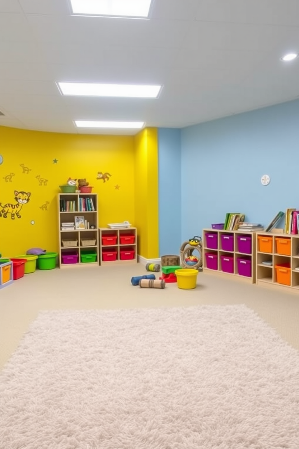 Open play space with soft flooring. The walls are painted in a cheerful yellow hue, adorned with playful wall decals featuring animals and shapes. A large, plush area rug in bright colors covers the floor, providing a comfortable surface for children to play. Various storage bins in vibrant shades are neatly arranged, filled with toys and books for easy access.