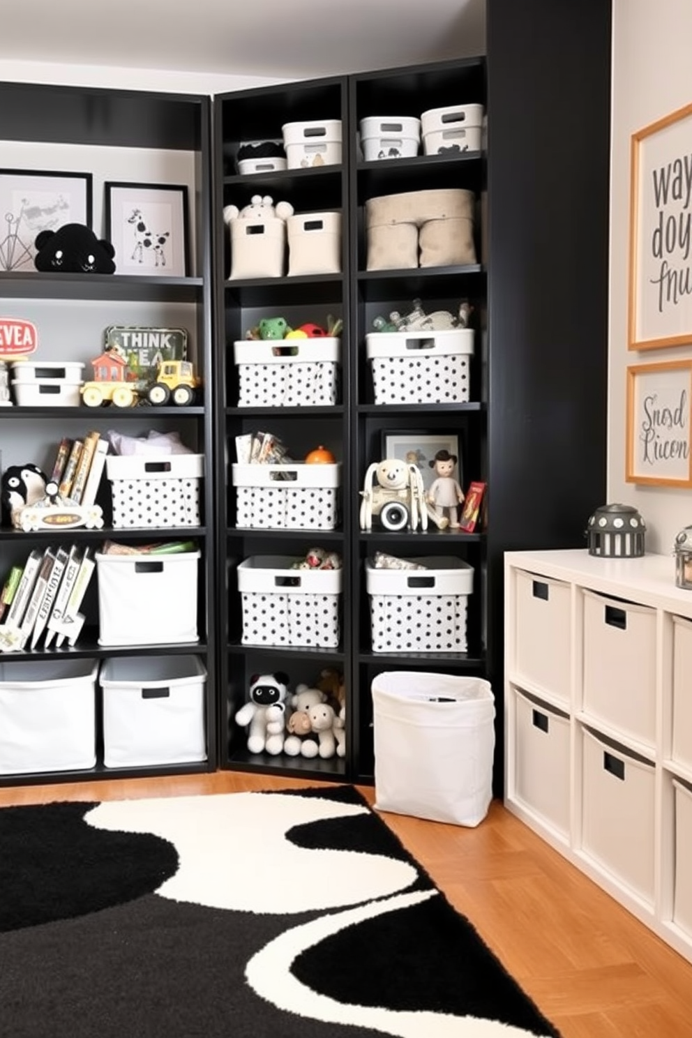 A stylish playroom featuring black and white themed toy organizers. The space includes sleek black shelving units filled with neatly arranged toys, complemented by soft white bins for storage. The walls are adorned with playful black and white art, creating a fun yet sophisticated atmosphere. A cozy area rug in contrasting colors anchors the room, providing a comfortable space for play and creativity.