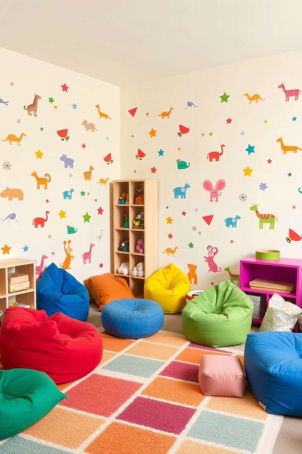 A vibrant playroom filled with fun wall stickers featuring colorful animals and whimsical shapes. The walls are painted in a soft pastel hue, creating an inviting atmosphere for children to explore and play. The playroom is furnished with a variety of soft seating options, including bean bags and floor cushions in bright colors. A playful rug with geometric patterns anchors the space, encouraging imaginative play and creativity.