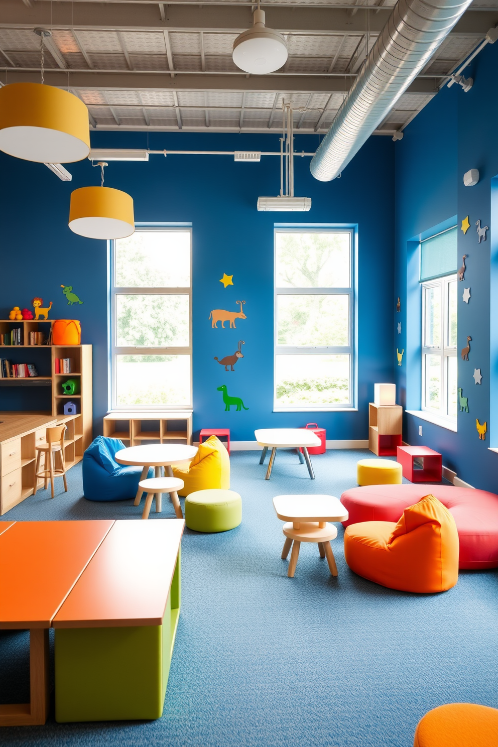 A modern playroom featuring modular furniture that can be easily rearranged to create versatile play areas. The space is filled with colorful bean bags, adjustable tables, and soft floor cushions, promoting creativity and comfort. The walls are painted in a vibrant blue, complemented by playful wall decals of animals and shapes. Natural light floods the room through large windows, creating an inviting atmosphere for children to explore and play.