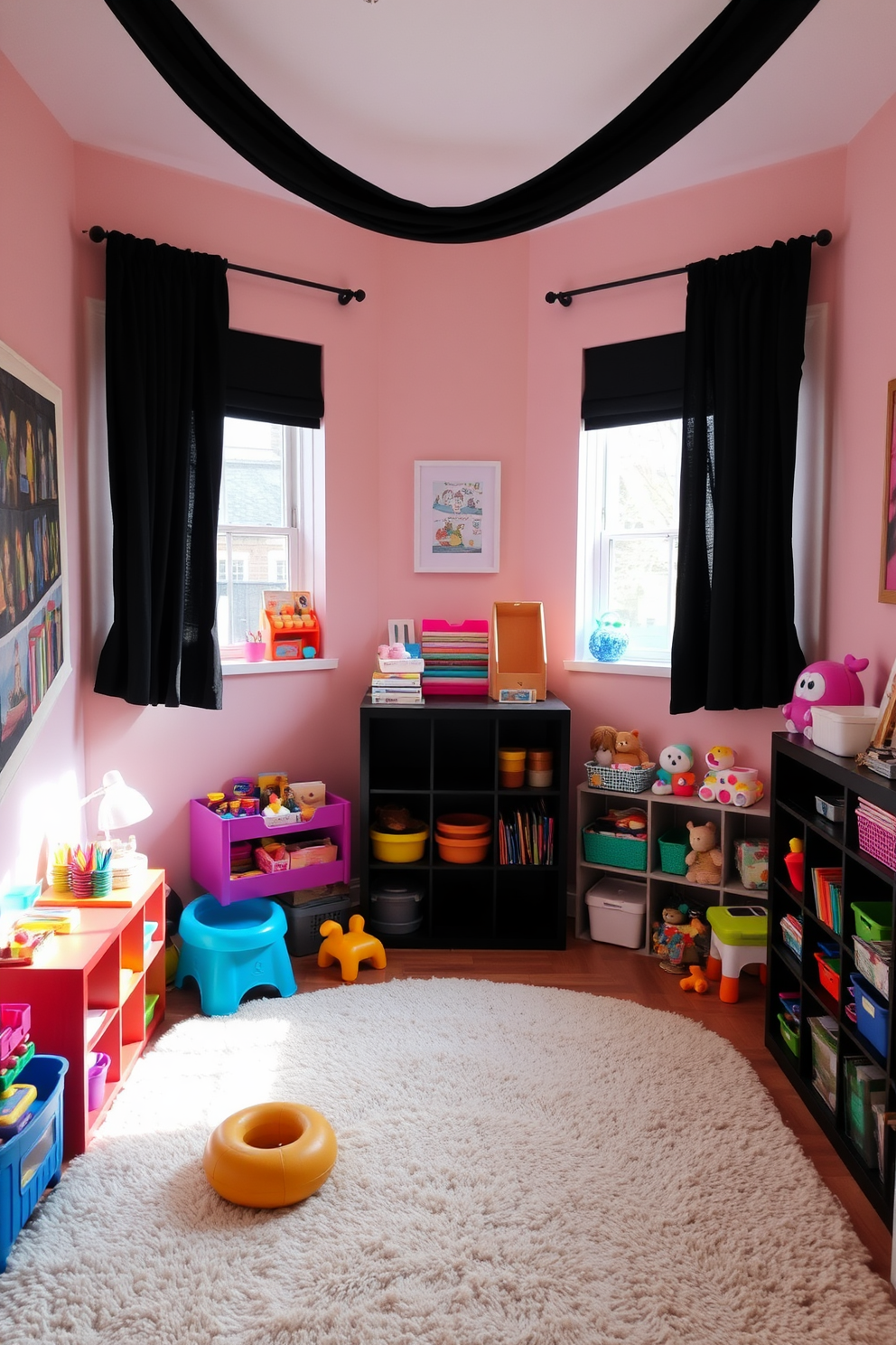 A cozy playroom filled with creativity. The walls are painted in a soft pastel color, and the floor is covered with a plush area rug. Black curtains frame the windows, adding a touch of elegance and warmth. Brightly colored toys and art supplies are neatly organized on shelves, creating an inviting space for play and imagination.