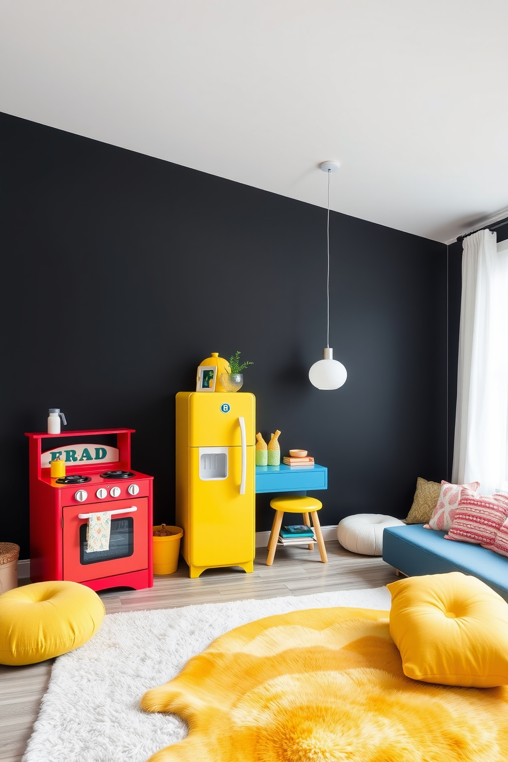 Brightly colored play kitchen against black walls. The kitchen features a vibrant red play stove and a cheerful yellow refrigerator, complemented by a blue countertop and colorful accessories. Black playroom design ideas include a sleek black accent wall with playful white and neon decor. Soft, brightly colored rugs and cushions create a cozy atmosphere for children to play and explore.