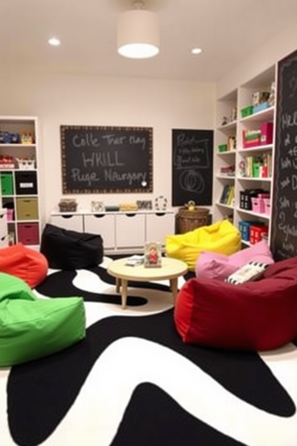 A playful black and white striped area rug anchors the space in the playroom, adding a bold graphic element to the design. Surrounding the rug, colorful bean bags and a low table create a cozy area for children to gather and play. The walls are painted in a soft pastel color, providing a cheerful backdrop for the black and white theme. Shelves filled with toys and books line one side of the room, while a chalkboard wall offers a creative outlet for artistic expression.