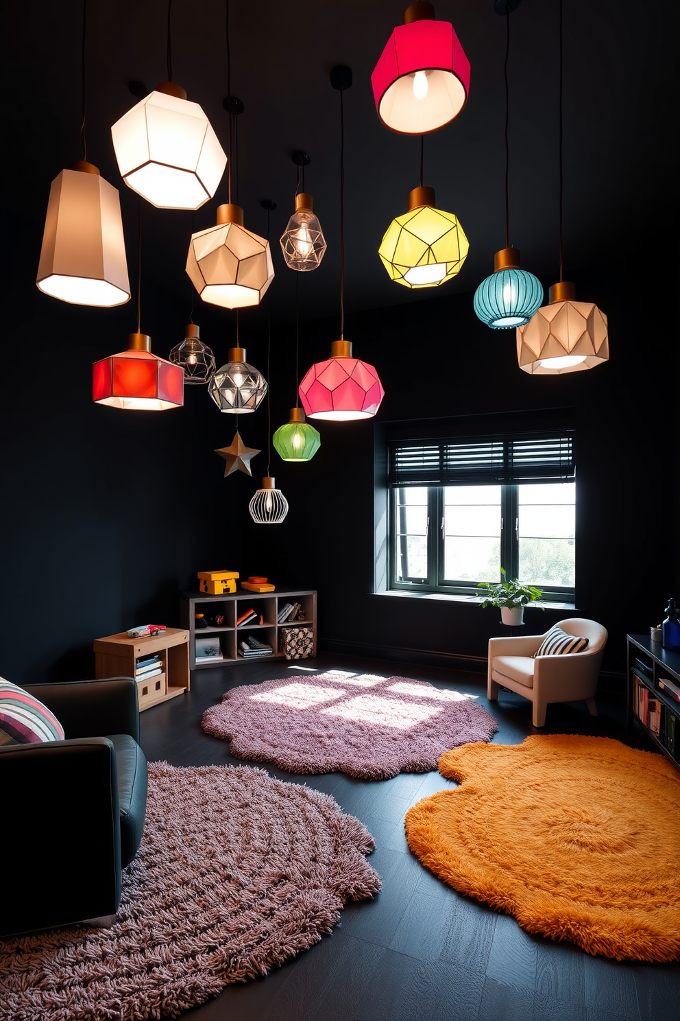 A collection of unique pendant lights suspended from the ceiling creates a stylish focal point in the playroom. The lights feature various geometric shapes and vibrant colors, casting playful shadows on the walls. The playroom is designed with a modern black theme, incorporating black walls and furniture. Soft, textured rugs in contrasting colors add warmth and comfort to the space while maintaining the sleek aesthetic.