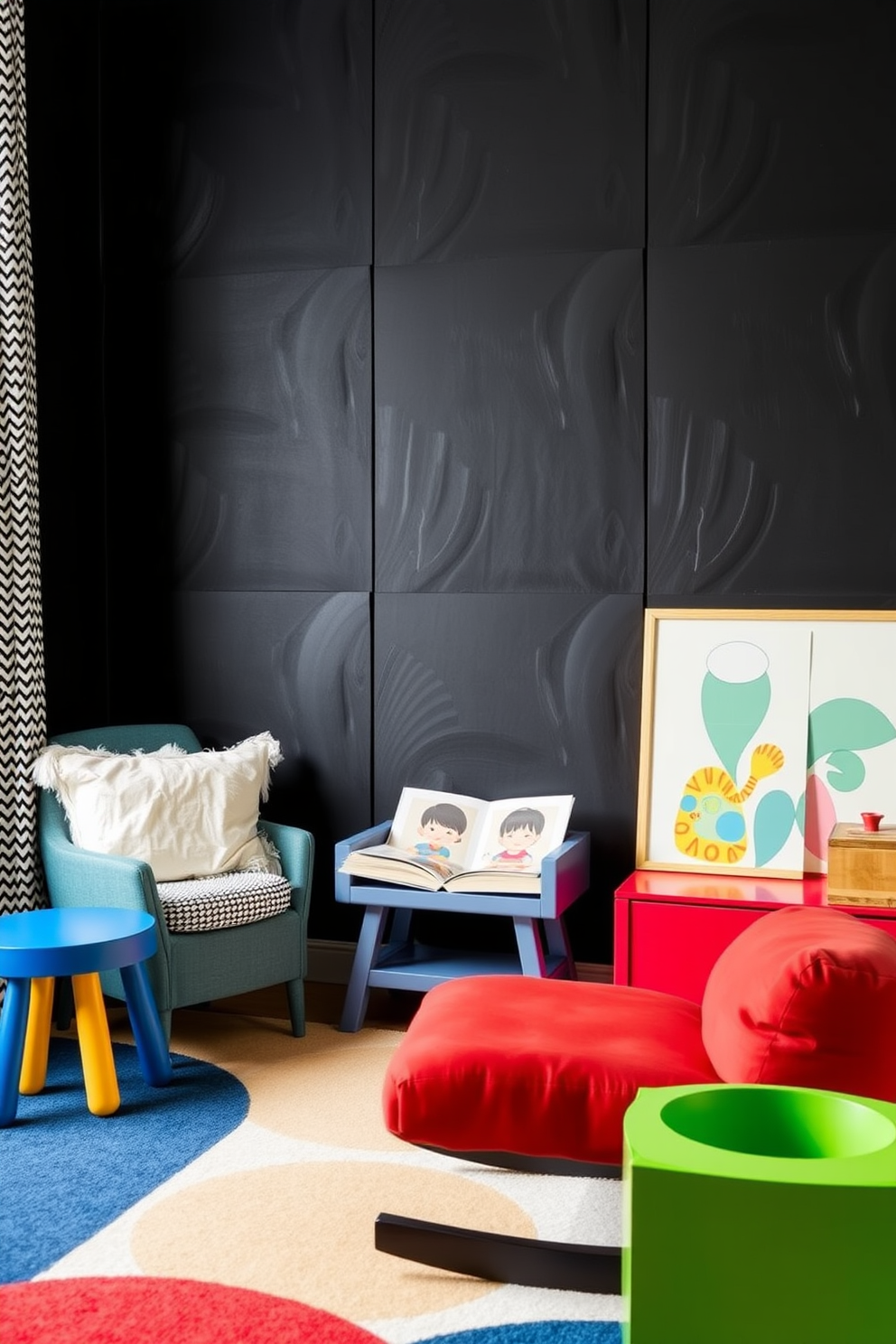 Textured wall panels create a striking backdrop in a playful black playroom. The panels feature a mix of geometric patterns and soft curves, adding depth and dimension to the space. Incorporate bold furniture pieces in vibrant colors to contrast with the black walls. A cozy reading nook with plush cushions and playful artwork enhances the inviting atmosphere.