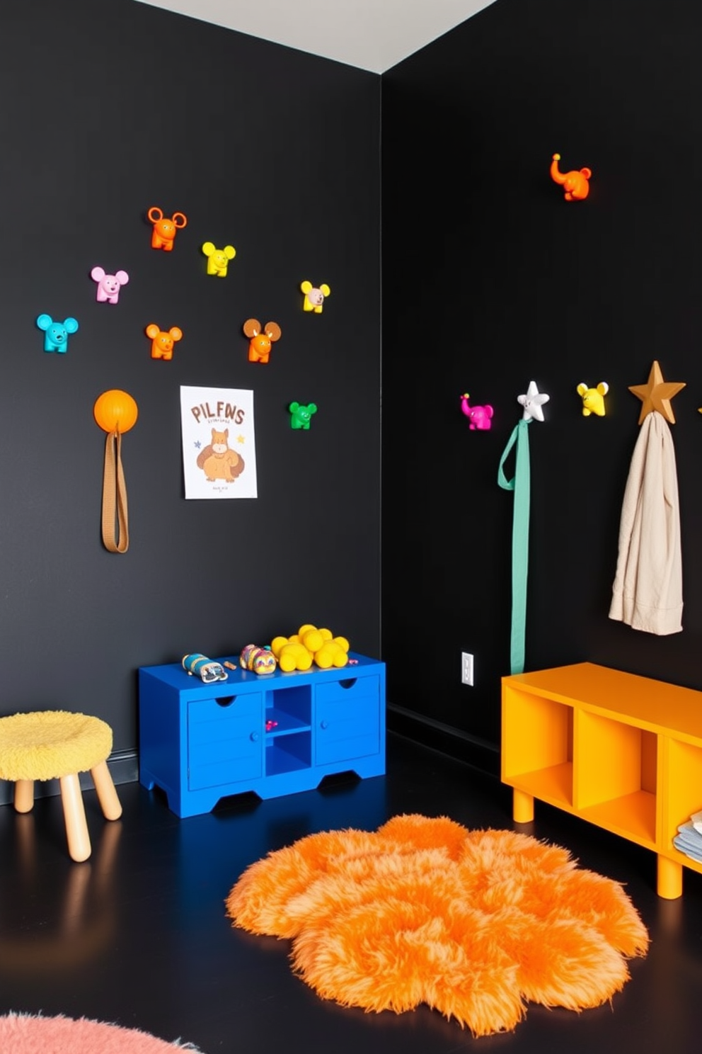 Colorful wall hooks arranged at varying heights provide a playful touch to the black playroom. The hooks are designed in fun shapes like animals and stars, adding a whimsical element to the overall decor. The walls are painted a deep matte black, creating a bold backdrop for vibrant furniture and accessories. Soft, plush rugs in bright colors contrast with the dark floor, inviting children to sit and play comfortably.