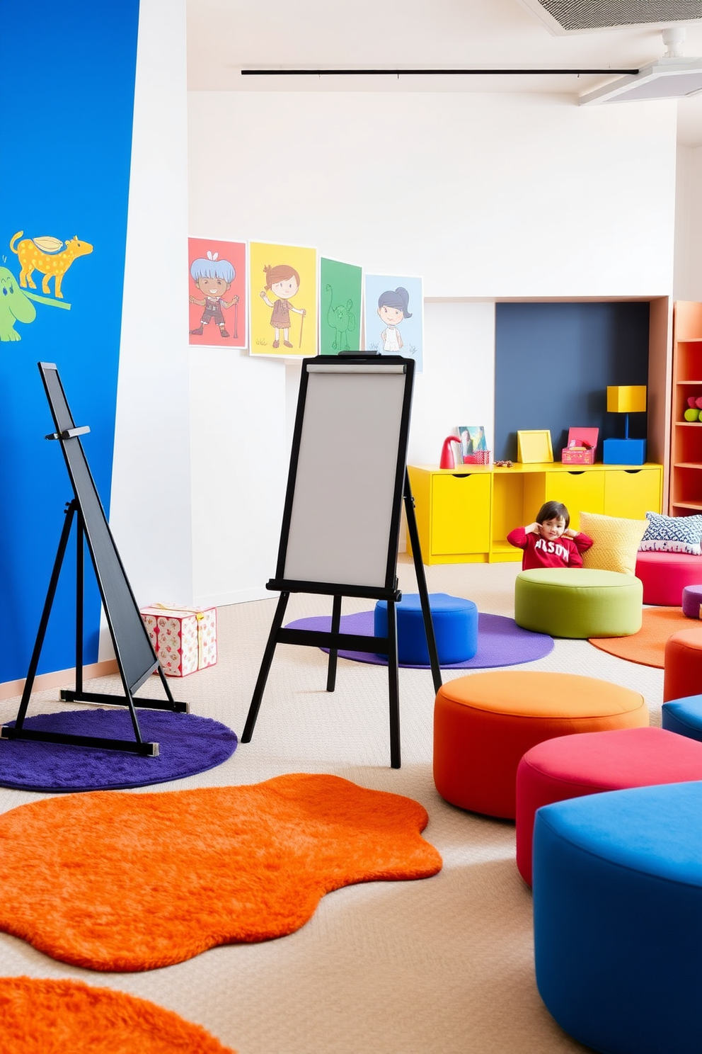 An interactive art station features a sleek black easel positioned against a vibrant accent wall adorned with colorful murals. The floor is covered with soft, plush rugs in various shapes, creating a playful and inviting atmosphere for creativity. The playroom is designed with a modern aesthetic, incorporating bold primary colors and modular furniture that can be easily rearranged. Soft seating areas are scattered throughout, providing cozy nooks for reading and imaginative play.