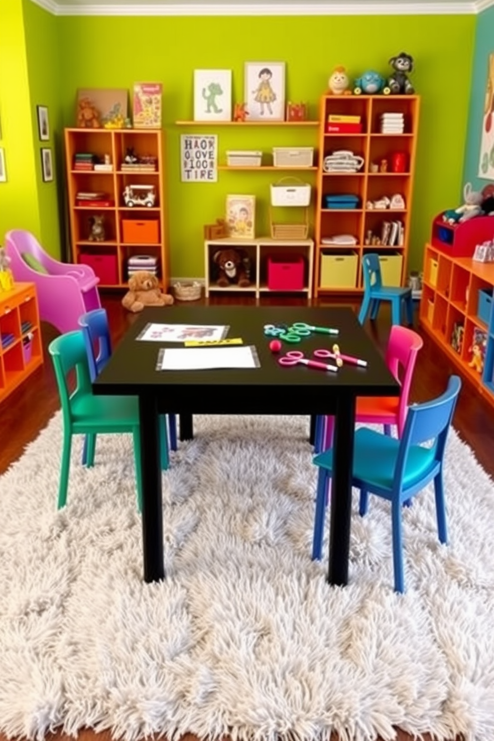 A stylish black table designed for arts and crafts is positioned in the center of a vibrant playroom. Surrounding the table are colorful chairs, creating an inviting space for creativity and fun. The walls of the playroom are painted in a bright, cheerful color, adorned with playful artwork and shelves filled with toys. Soft, plush rugs cover the floor, providing a comfortable area for children to play and explore their artistic talents.