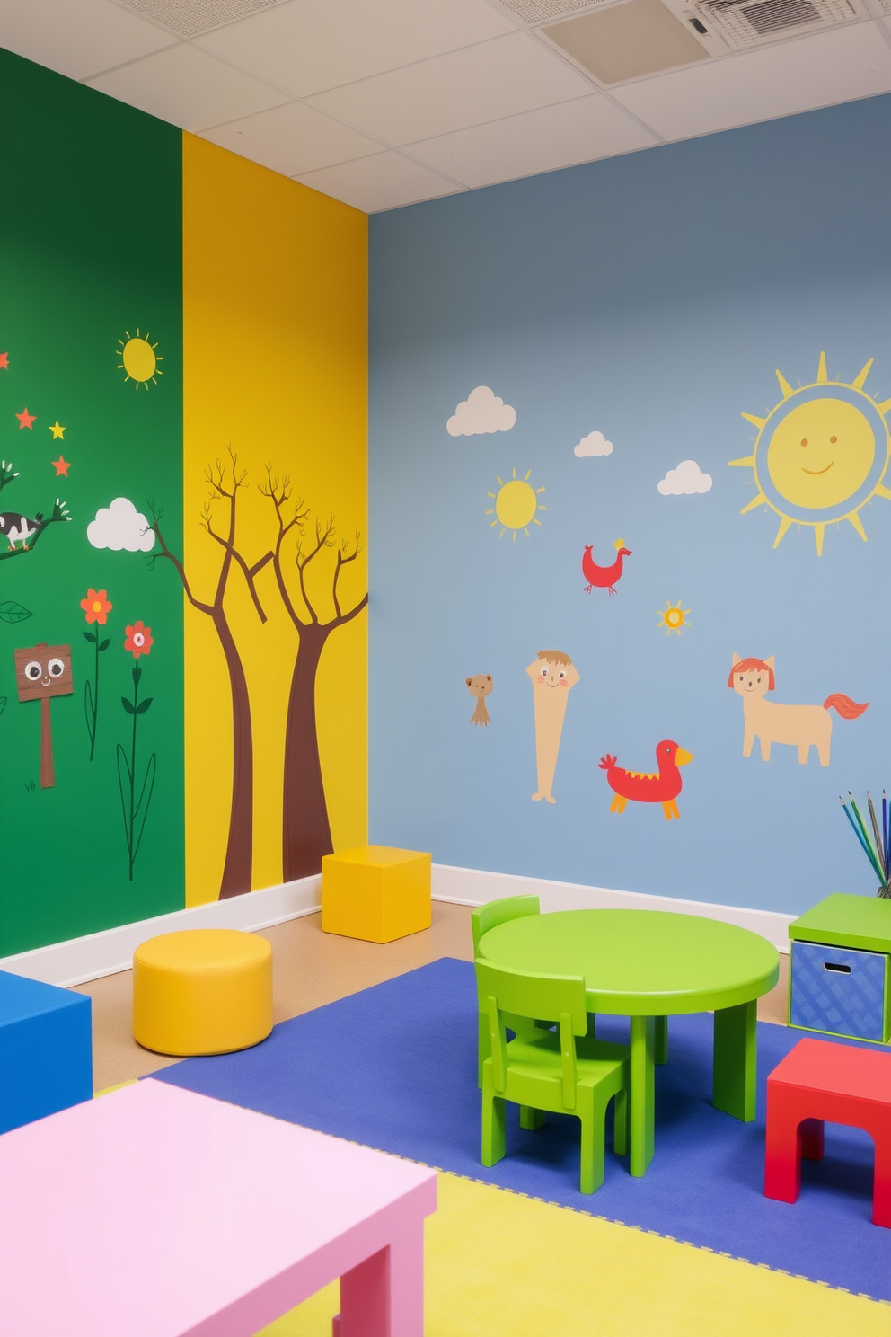 A bold accent wall features playful murals that ignite creativity and joy in the space. The room is filled with colorful furniture and soft play mats to create a fun and inviting atmosphere.