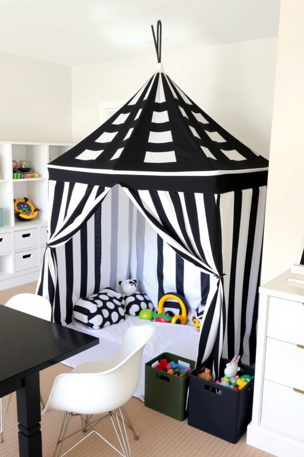 A stylish black and white themed play tent is set up in a spacious playroom. The tent features bold black stripes on the exterior and a soft white interior, creating a cozy and inviting atmosphere for children. The playroom is designed with black and white furniture, including a sleek black table and white chairs. Colorful toys are neatly organized in black and white storage bins, adding a playful touch to the monochromatic theme.