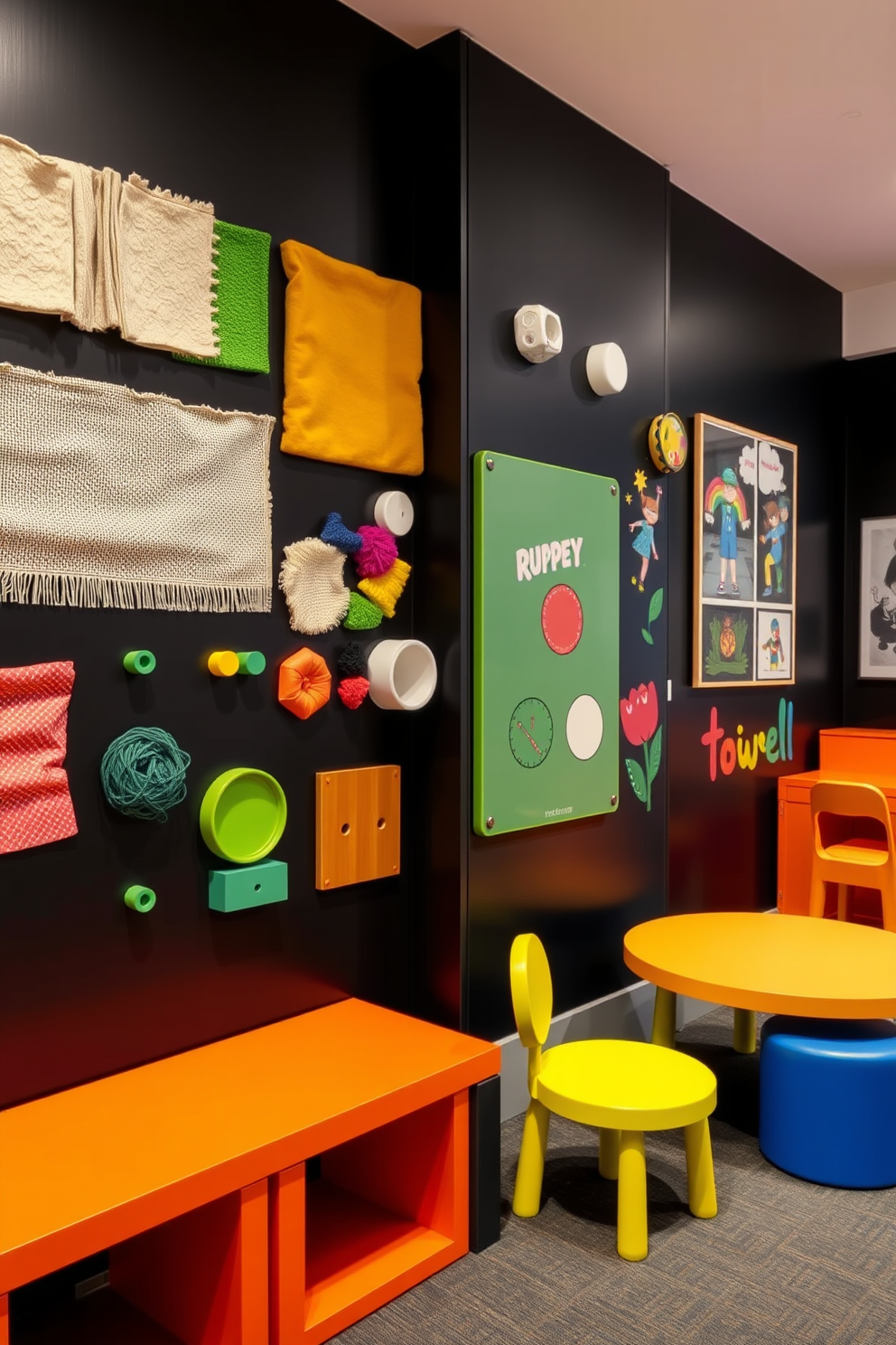 A creative sensory wall designed for hands-on play features a variety of textures and colors to engage children. The wall includes interactive elements such as fabric swatches, textured panels, and movable pieces that encourage exploration and creativity. The black playroom design incorporates sleek black walls paired with vibrant accents to create a stimulating environment. Brightly colored furniture and playful artwork add contrast, making the space both inviting and fun for children.