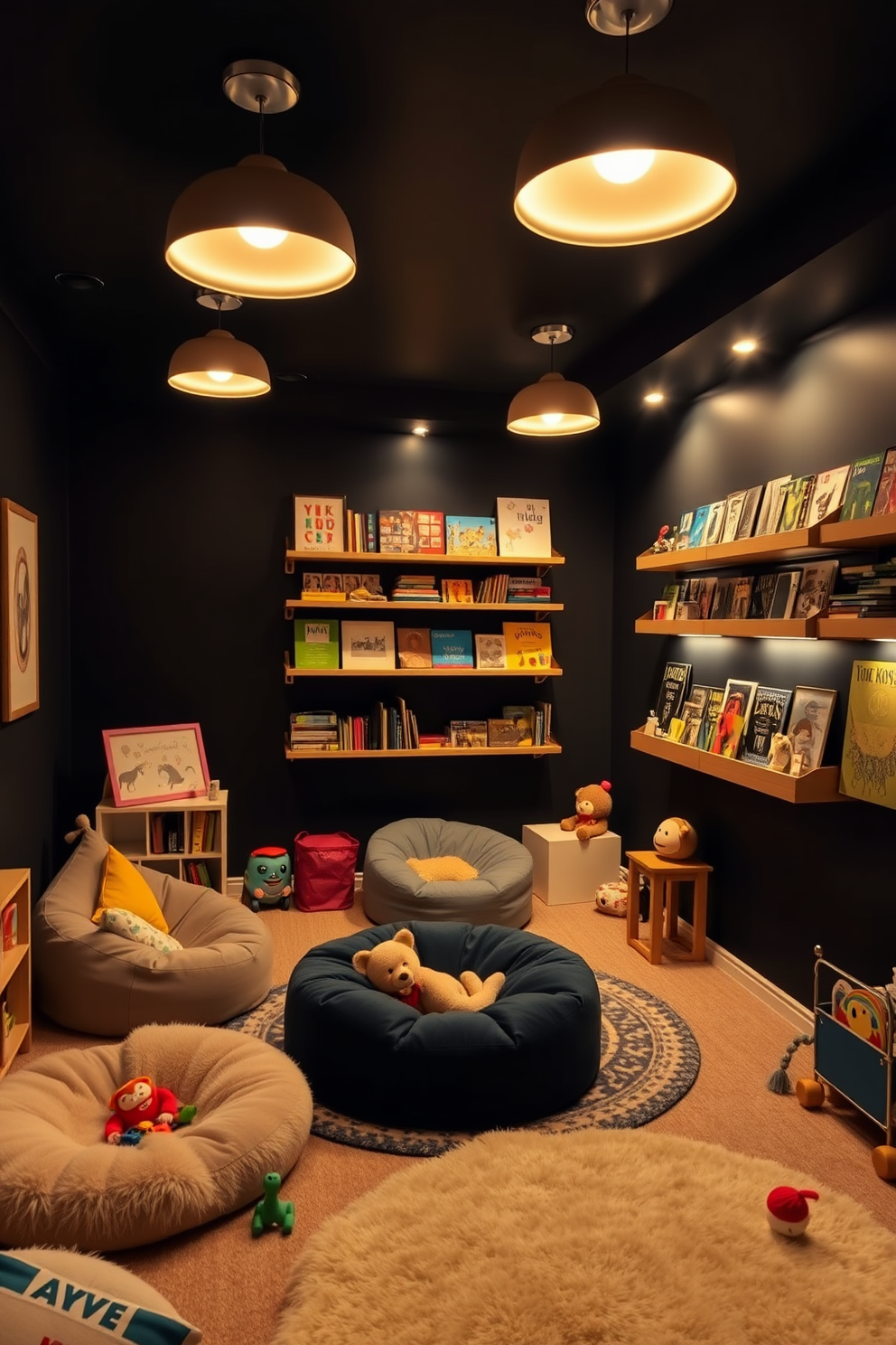 A cozy playroom filled with soft lighting fixtures that create a warm and inviting glow. The walls are painted in a deep black shade, enhancing the playful atmosphere while providing a striking backdrop for colorful toys and art. Comfortable bean bags and plush rugs are scattered across the floor, inviting children to relax and play. Wall-mounted shelves display an array of books and games, adding both functionality and style to the space.