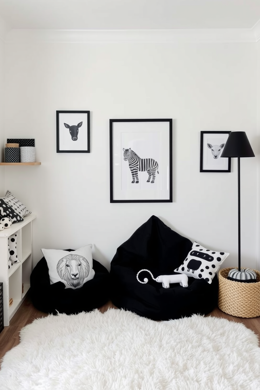 A stylish playroom featuring black and white animal-themed decor items. The walls are painted in a soft white, with playful animal prints framed and hung at eye level. A cozy seating area includes a black bean bag chair and a white plush rug. Decorative cushions with animal motifs add a fun touch to the space, creating an inviting atmosphere for children.