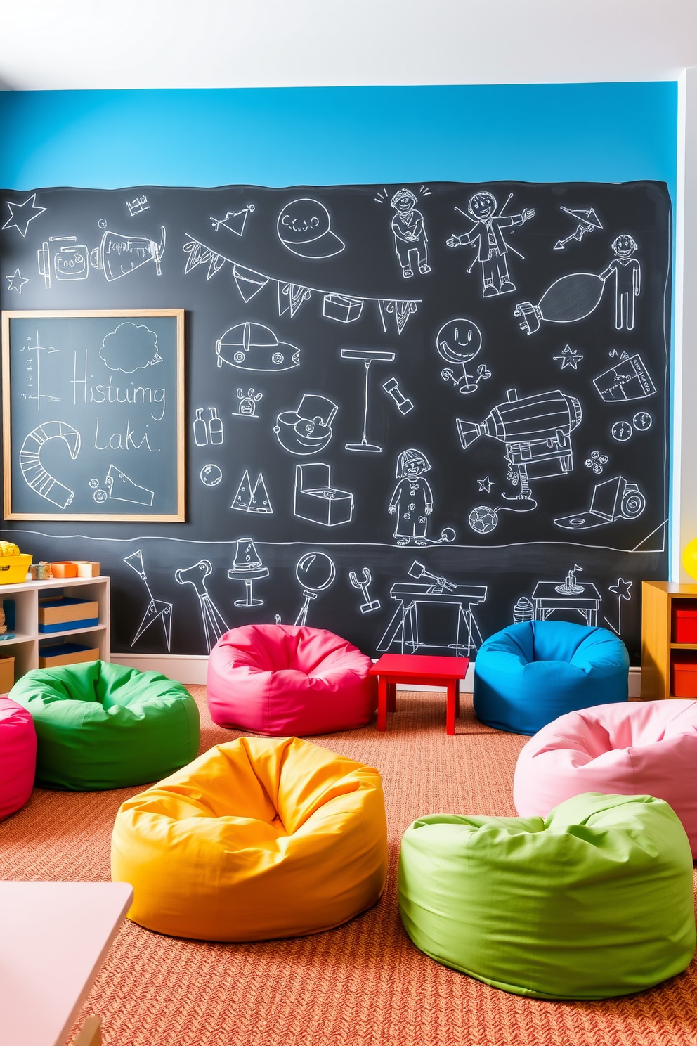 A vibrant playroom featuring a large chalkboard wall ideal for creative drawings. The room is filled with colorful bean bags and playful furniture, creating an inviting atmosphere for children to explore their imagination.