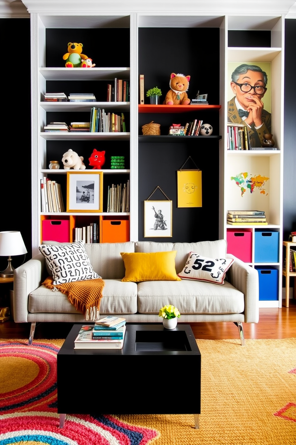 Multi-functional furniture for small spaces. Incorporate a sleek sofa bed that transforms into a guest bed, paired with a coffee table that doubles as storage. Black playroom design ideas. Use black walls to create a bold backdrop, accented with colorful shelving and playful rugs to enhance the vibrant atmosphere.