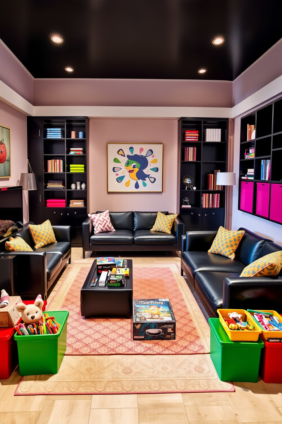 Stylish black furniture is arranged throughout the playroom, creating a sleek and modern aesthetic. Colorful accents in the form of vibrant cushions, playful wall art, and a bright area rug bring energy and warmth to the space. The walls are painted in a soft pastel hue to balance the boldness of the black furniture. A variety of toys and games are neatly organized in colorful bins, ensuring the room remains both stylish and functional.