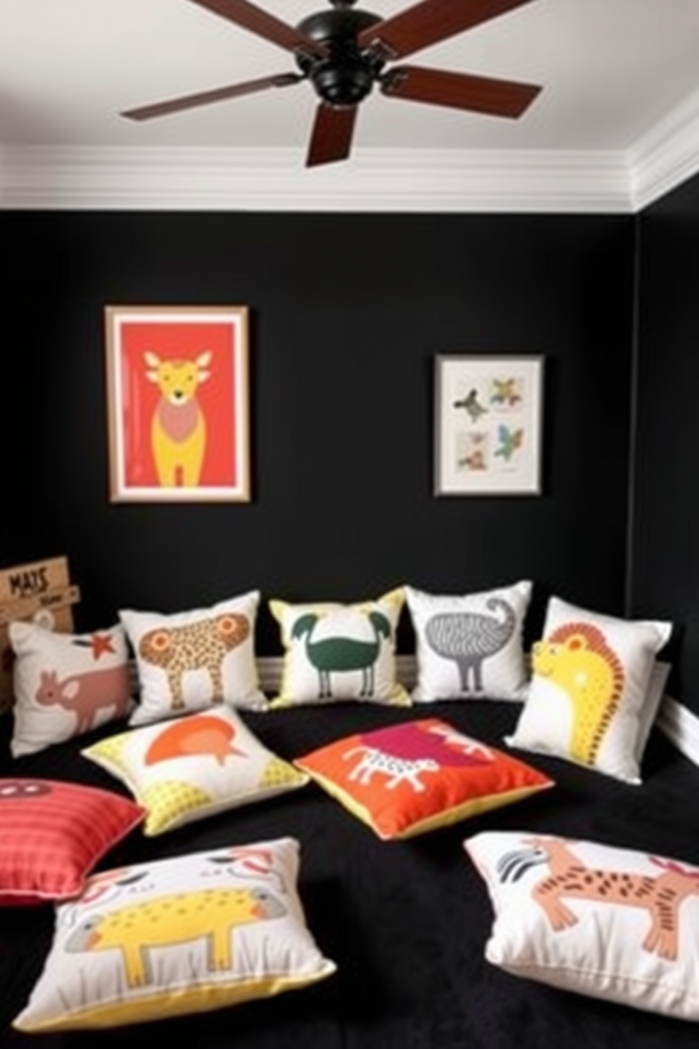 A playful black playroom features vibrant animal prints on soft cushions scattered around the room. The walls are painted in a deep black hue, creating a cozy yet energetic atmosphere perfect for imaginative play.