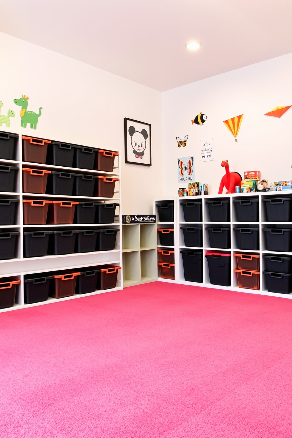 Brightly colored storage bins in black are arranged neatly along the walls of a modern playroom. The floor is covered with a soft, plush carpet in a vibrant hue, creating a welcoming and playful atmosphere. The walls are painted in a light, neutral color to enhance the brightness of the bins. Fun wall decals and artwork add a touch of whimsy, making the space inviting for children to play and explore.