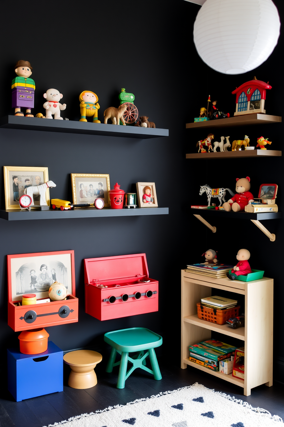 A playful black playroom featuring vintage toys artfully displayed on floating shelves. The walls are painted in a deep matte black, creating a cozy and inviting atmosphere for children to explore and play.